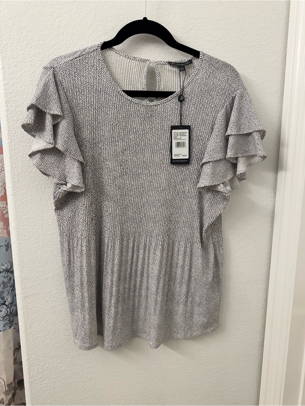 NWT Adrianna Papell black white Speckled Ruffle Sleeve Blouse Large Women’s